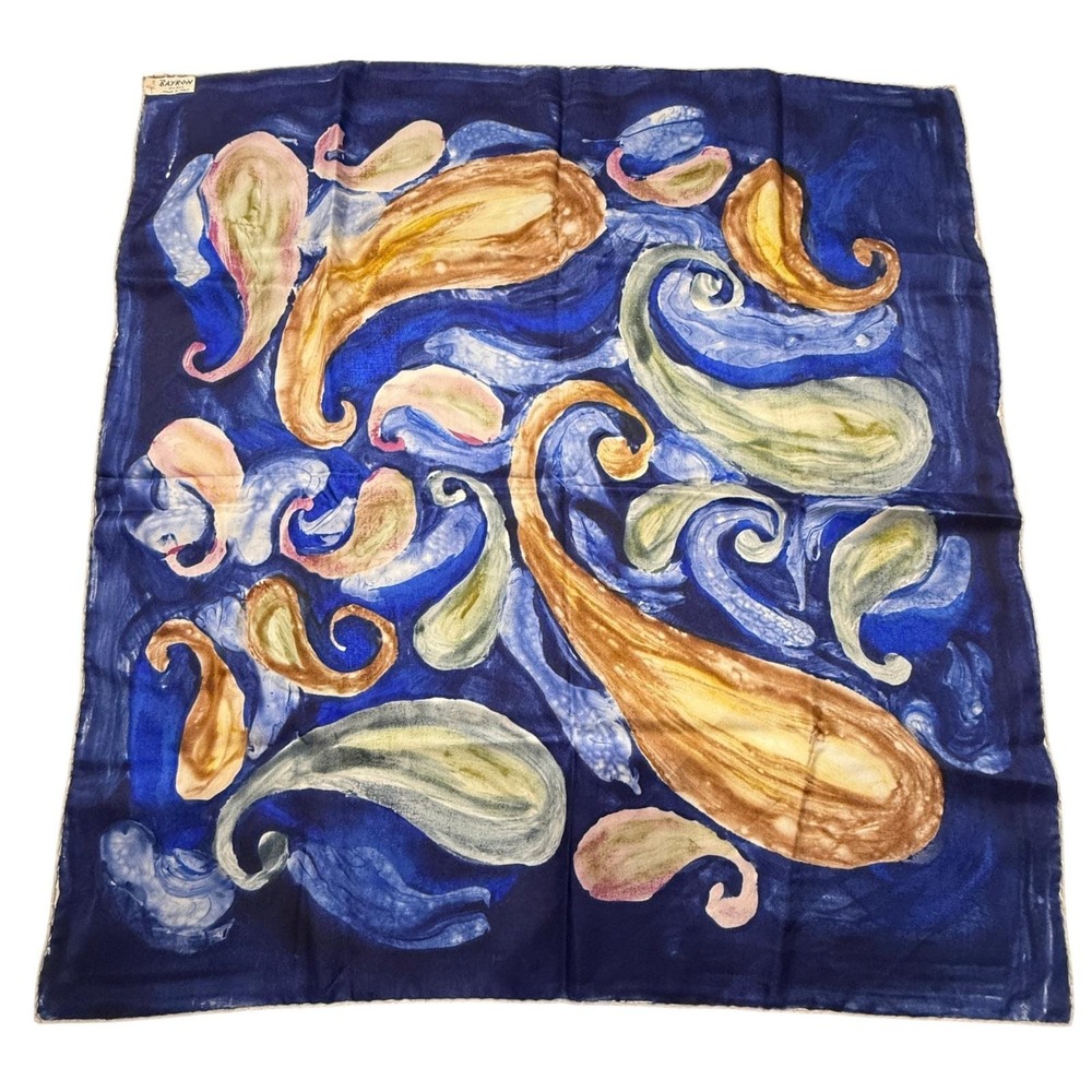 Bayron Silk Screened Scarf Blue Abstract Paisley Hand Rolled Hem Vintage Italy